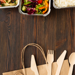 Wooden Cutlery with Food in Containers Wooden Cutlery with Food in Containers