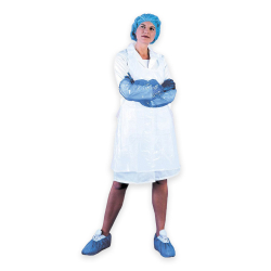 White Disposable Polythene Aprons on a Roll - Pack of 200 (In Use) White Disposable Polythene Aprons on a Roll - Pack of 200 (In Use)