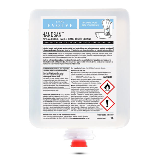 Evans Evolve Handsan Catridge Pack - Case of 6 x 1ltr Evans Evolve Handsan Catridge Pack - Case of 6 x 1ltr