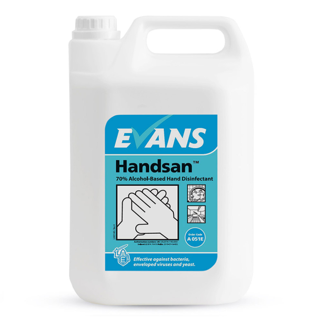 Evans Vanodine Handsan Alcohol Hand Sanitiser - 5ltr Evans Vanodine Handsan Alcohol Hand Sanitiser - 5ltr