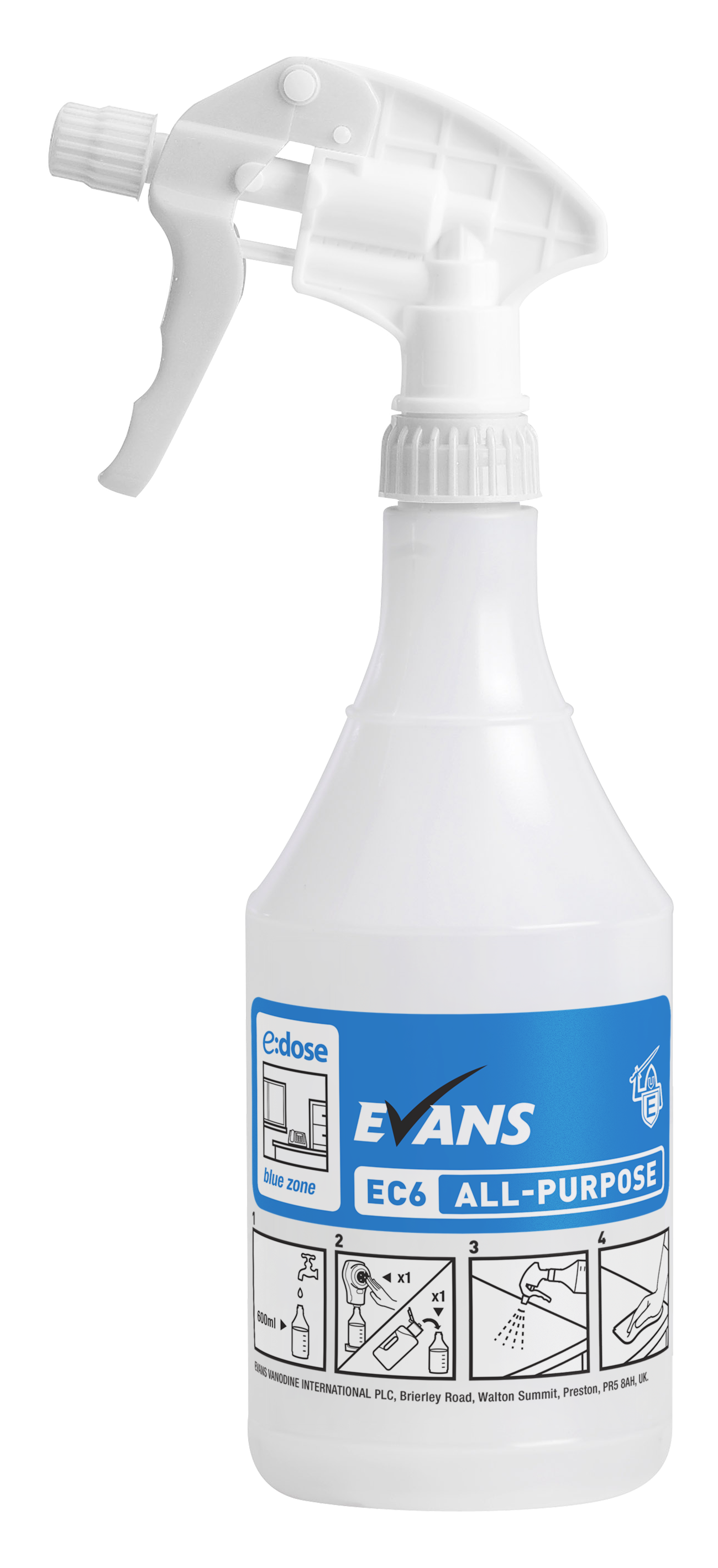 Evans Vanodine EC6 Blue Zone Concentrated All-Purpose Internal Hard Surface Cleaner Trigger Sprayer and Bottle