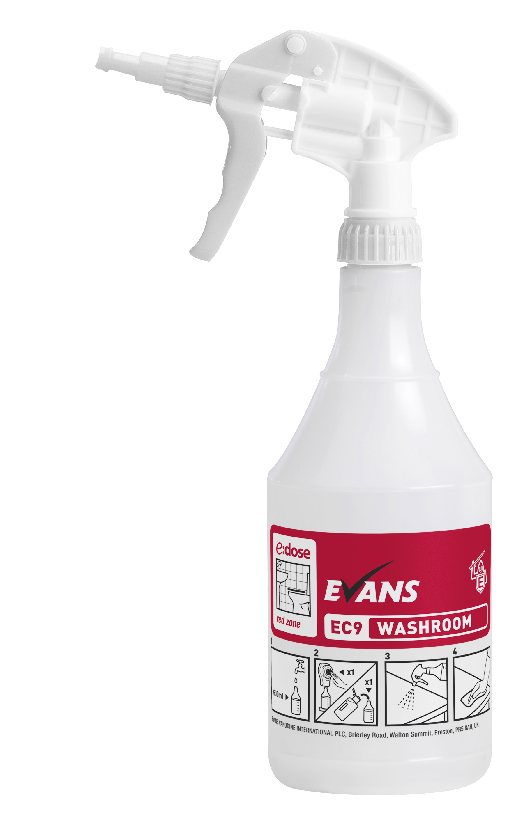 Evans Vanodine EC9 Red Zone Concentrated Perfumed Washroom Cleaner and Descaler Trigger Sprayer and Bottle