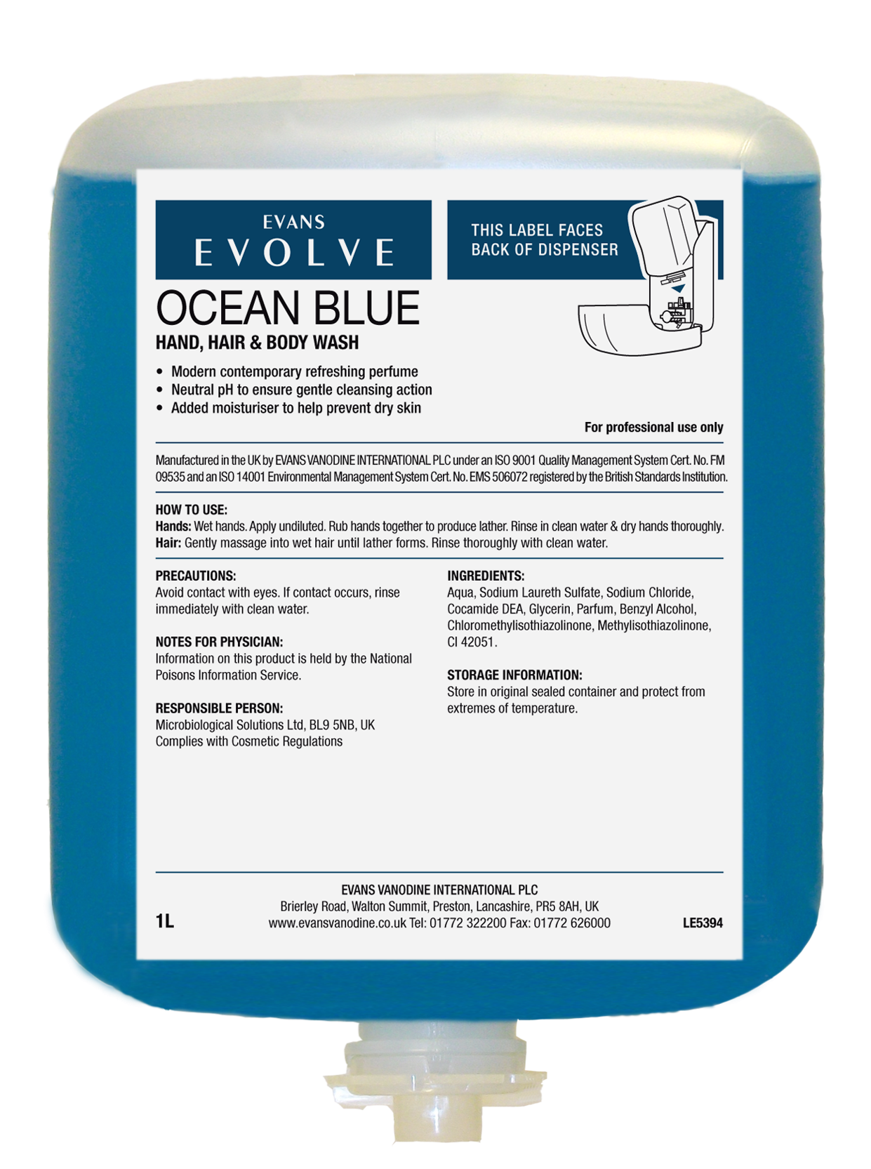 Evans Evolve Ocean Blue Hand, Body Wash Cartridge